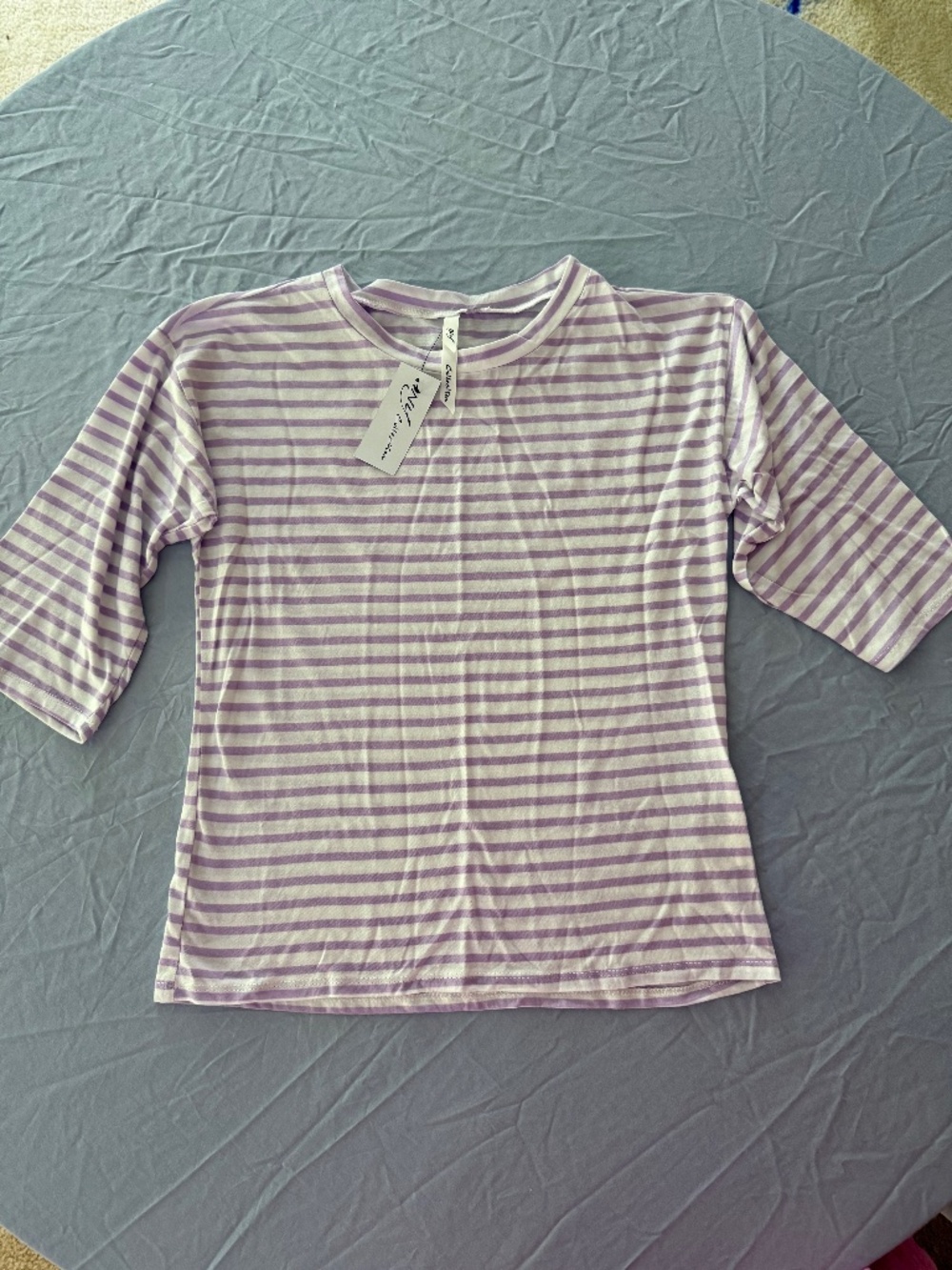 NY Collection Lavender and White Striped Elbow Sleeve Tee, Size M NWT